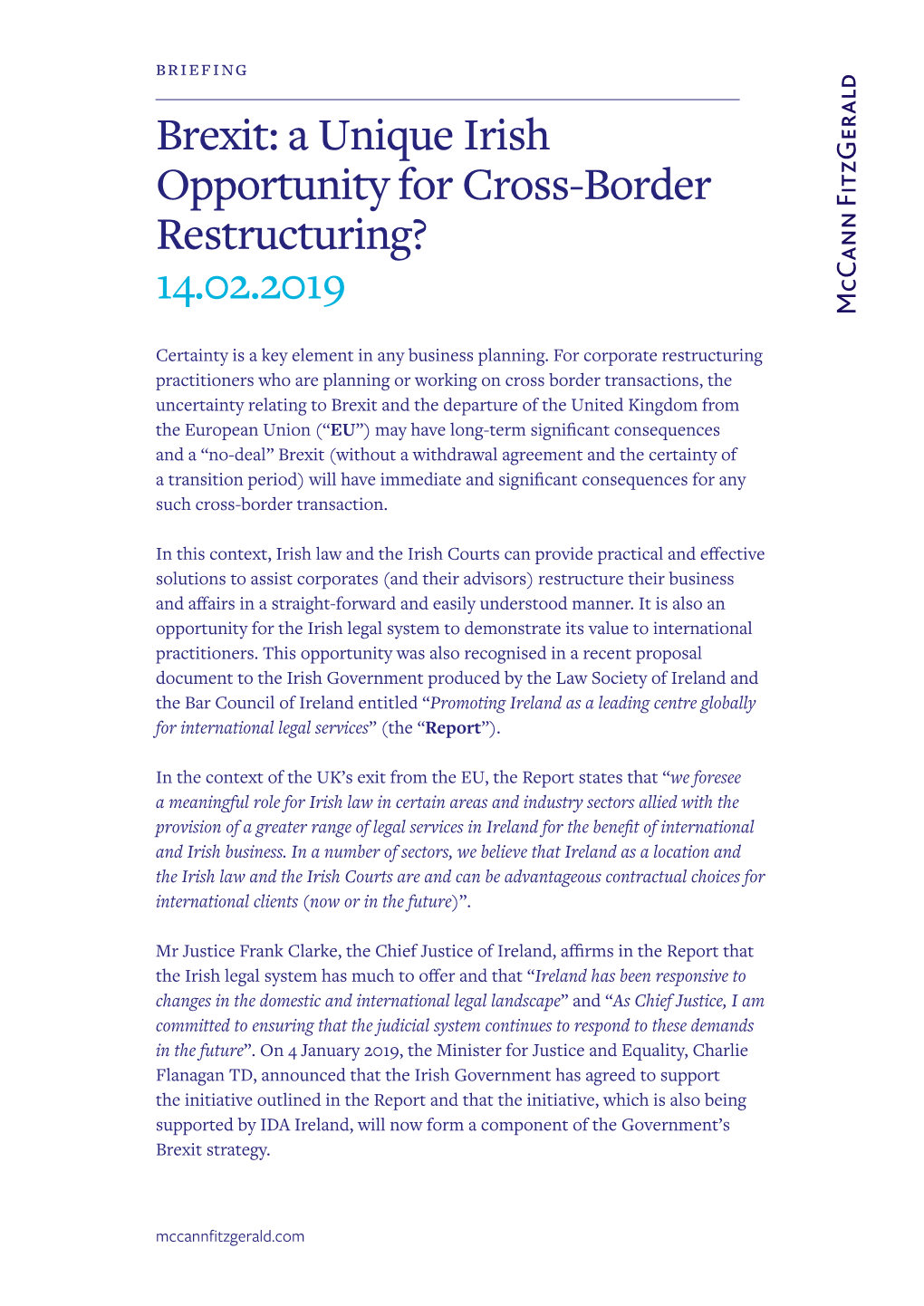 Brexit: a Unique Irish Opportunity for Cross-Border Restructuring? 14.02.2019