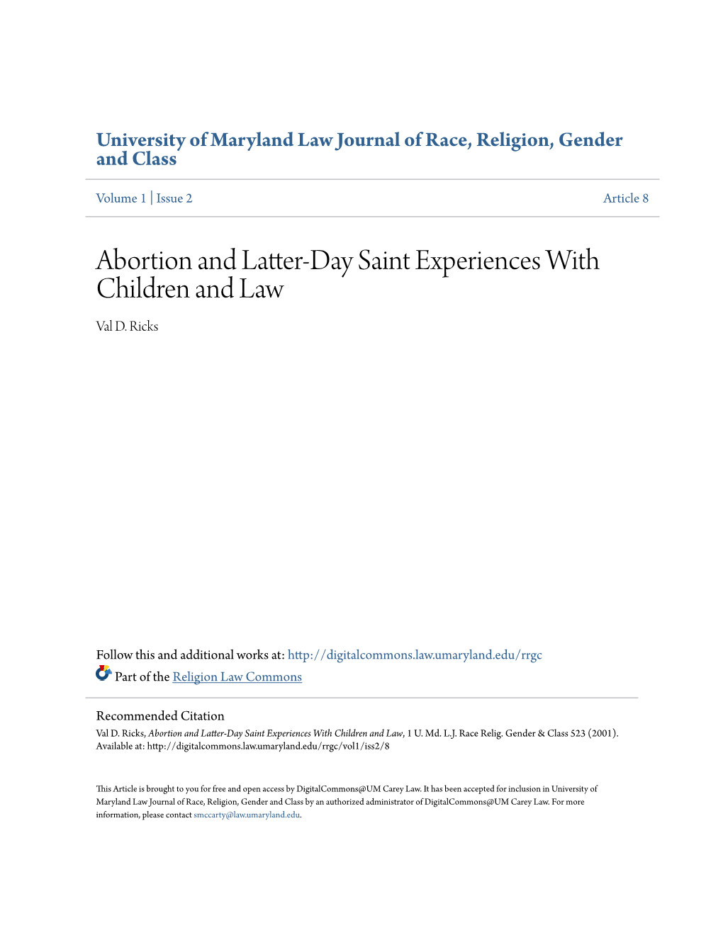 Abortion and Latter-Day Saint Experiences with Children and Law Val D