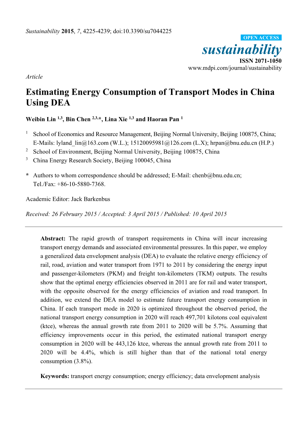 Estimating Energy Consumption of Transport Modes in China Using DEA