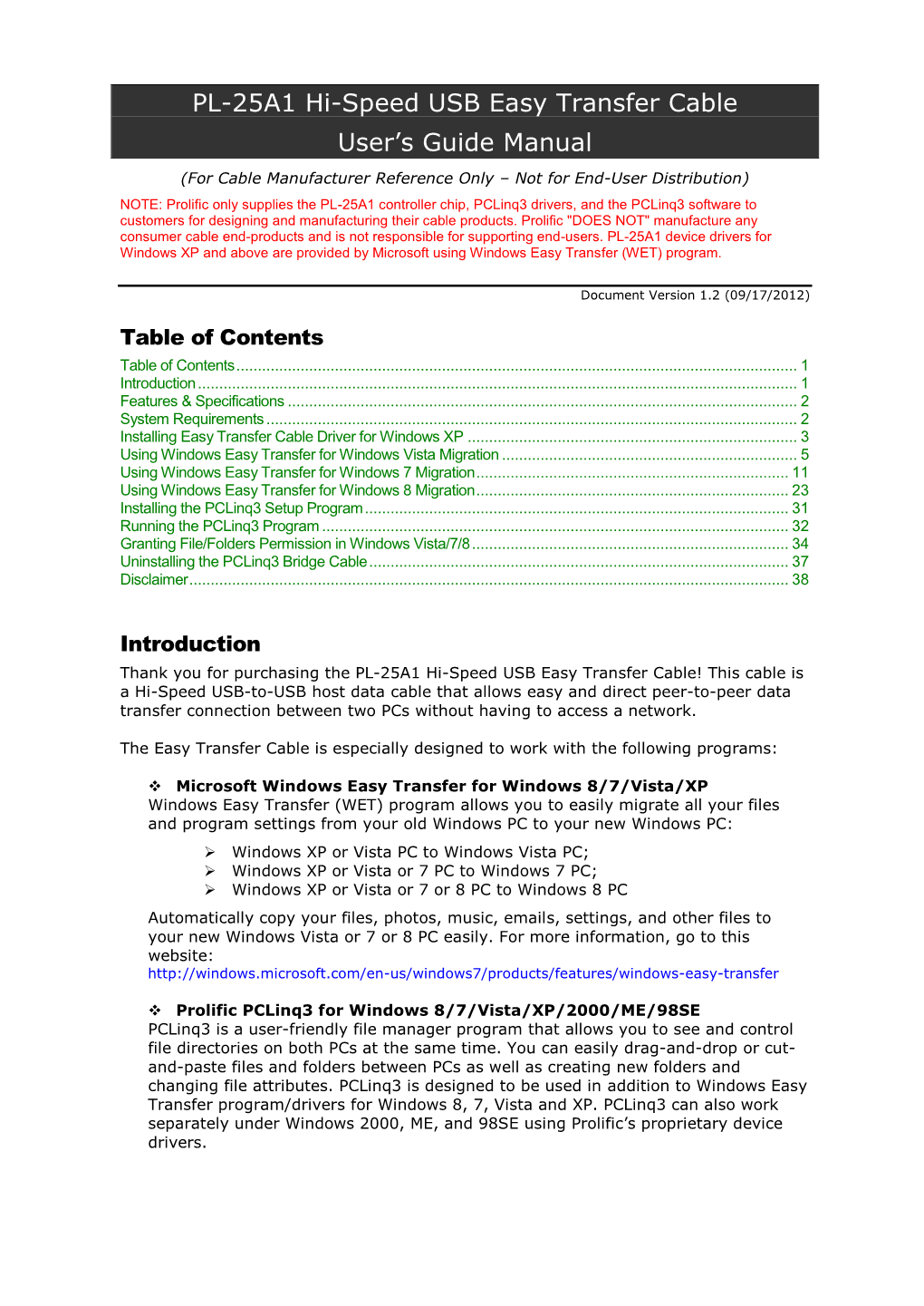 PL-25A1 Easy Transfer Cable User Manual