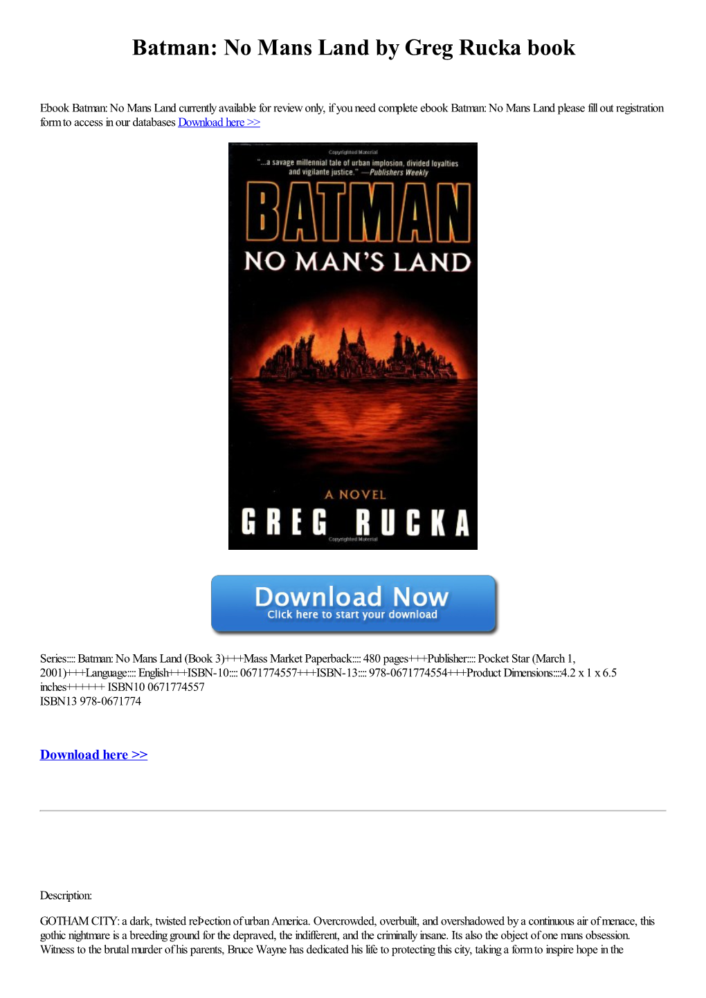 Batman: No Mans Land by Greg Rucka Book