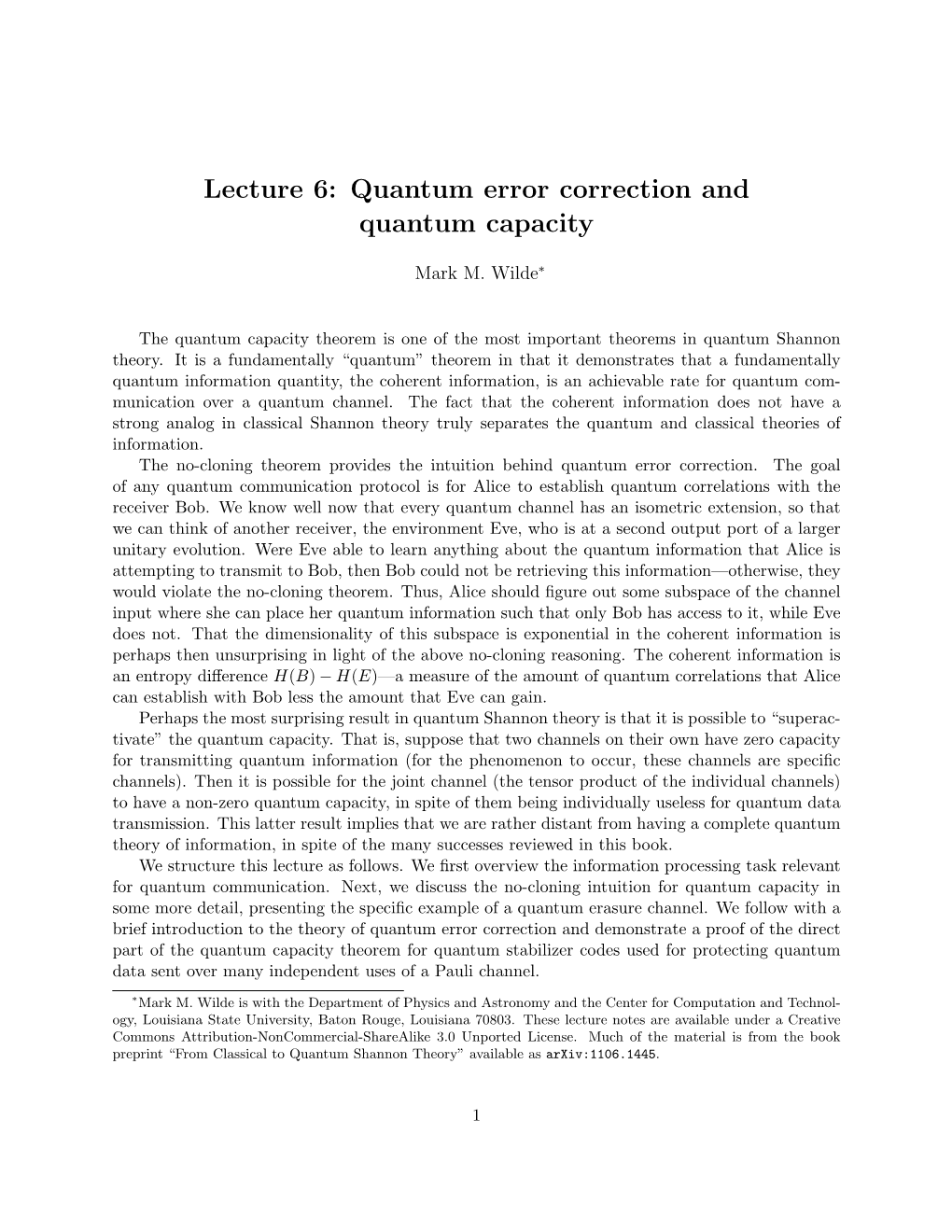 Lecture 6: Quantum Error Correction and Quantum Capacity