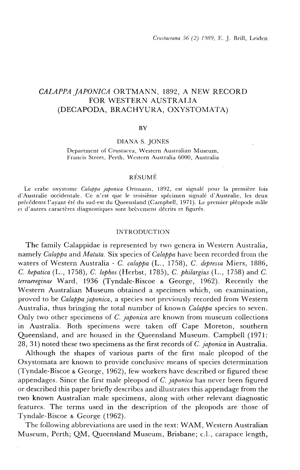 Calappa Japonica Ortmann, 1892, a New Record for Western Australia (Decapoda, Brachyura, Oxystomata)