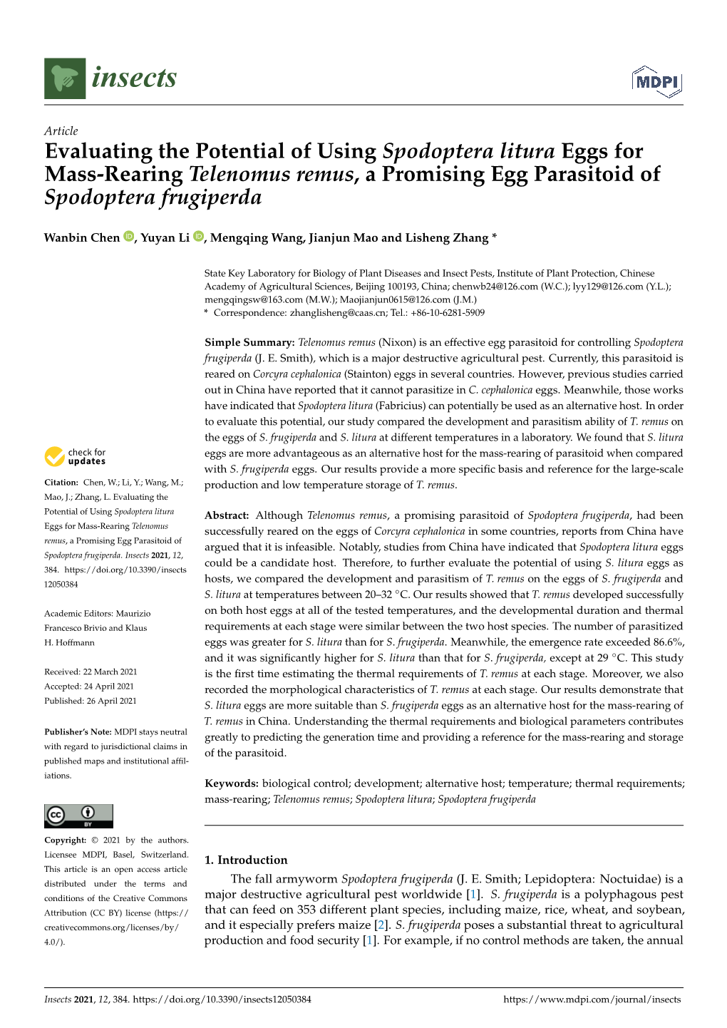 Evaluating the Potential of Using Spodoptera Litura Eggs for Mass-Rearing Telenomus Remus, a Promising Egg Parasitoid of Spodoptera Frugiperda