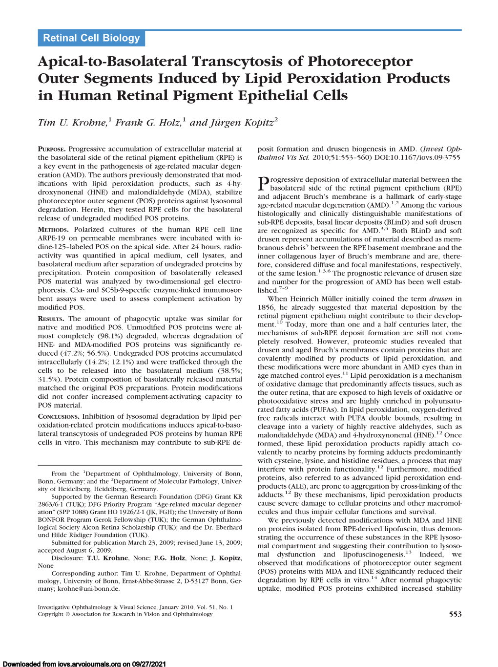 Apical-To-Basolateral Transcytosis of Photoreceptor Outer Segments Induced by Lipid Peroxidation Products in Human Retinal Pigment Epithelial Cells