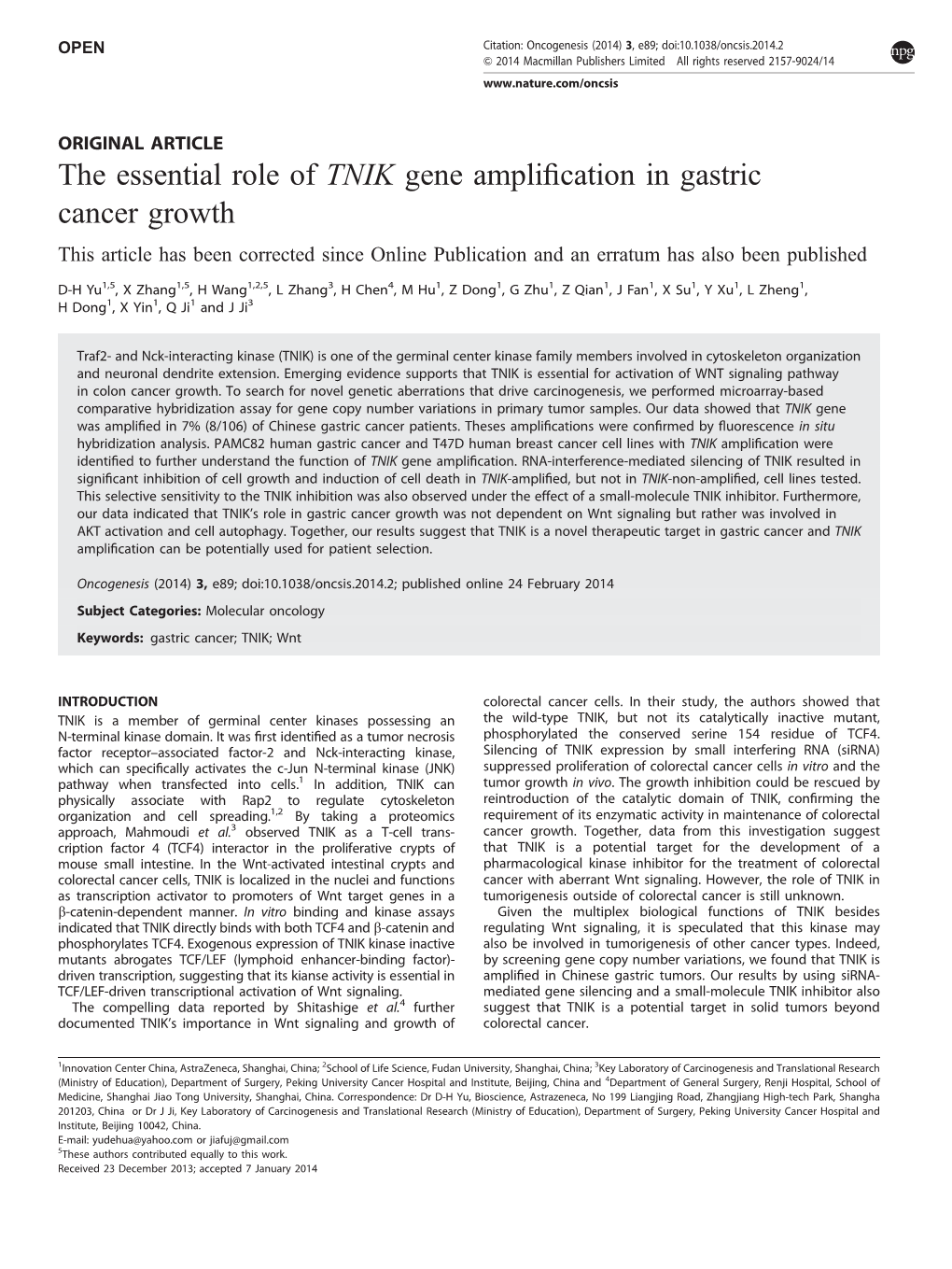 The Essential Role of TNIK Gene Amplification in Gastric Cancer Growth