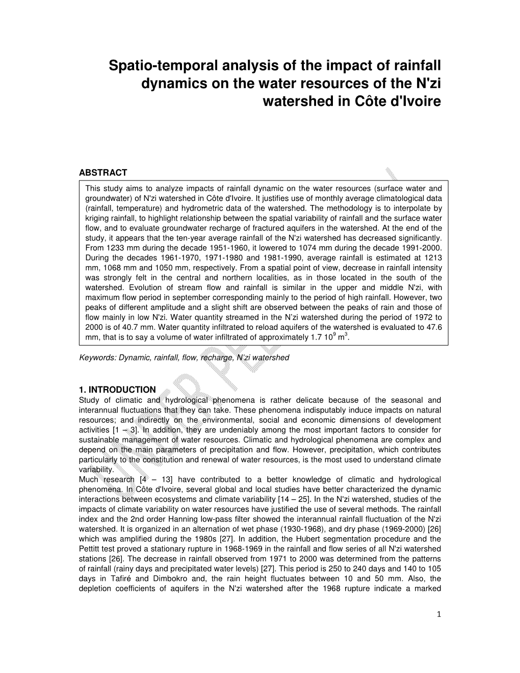 Spatio-Temporal Analysis of the Impact of Rainfall Dynamics on the Water Resources of the N'zi Watershed in Côte D'ivoire