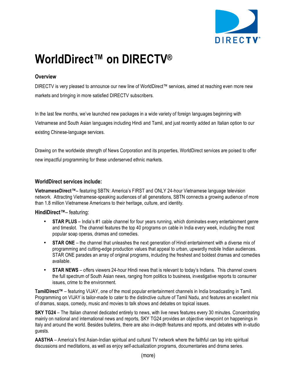 Worlddirect™ on DIRECTV®