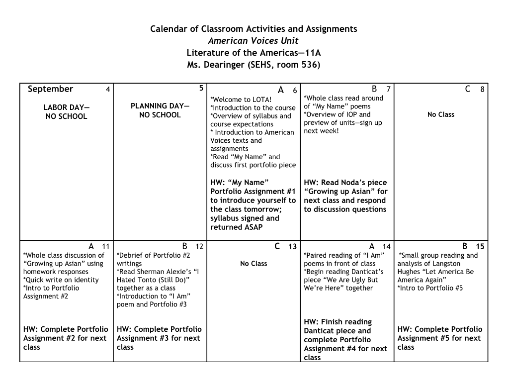 Calendar of Classroom Activities and Assignments