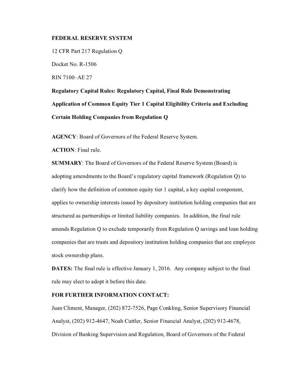 FEDERAL RESERVE SYSTEM 12 CFR Part 217 Regulation Q Docket