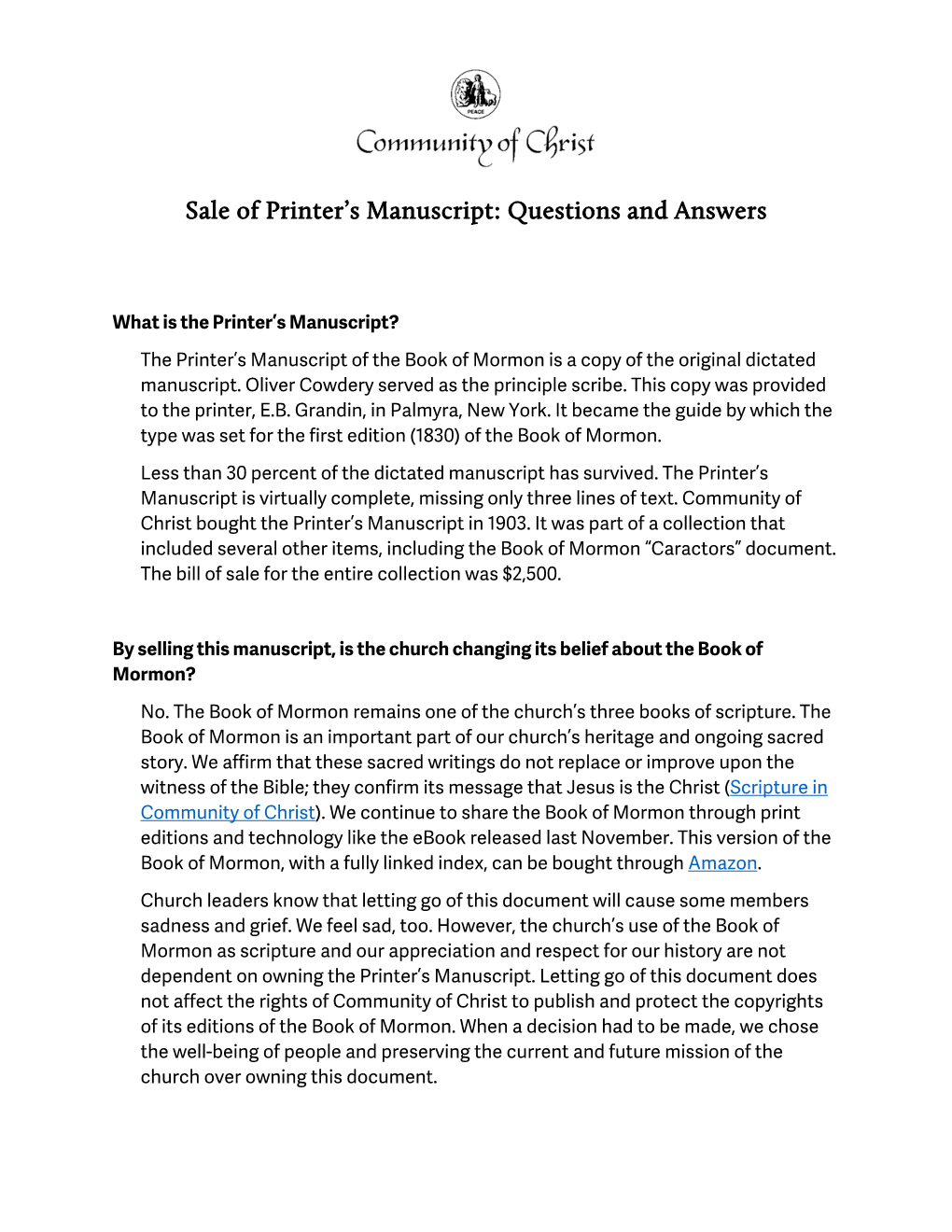 Sale of Printer's Manuscript: Questions and Answers