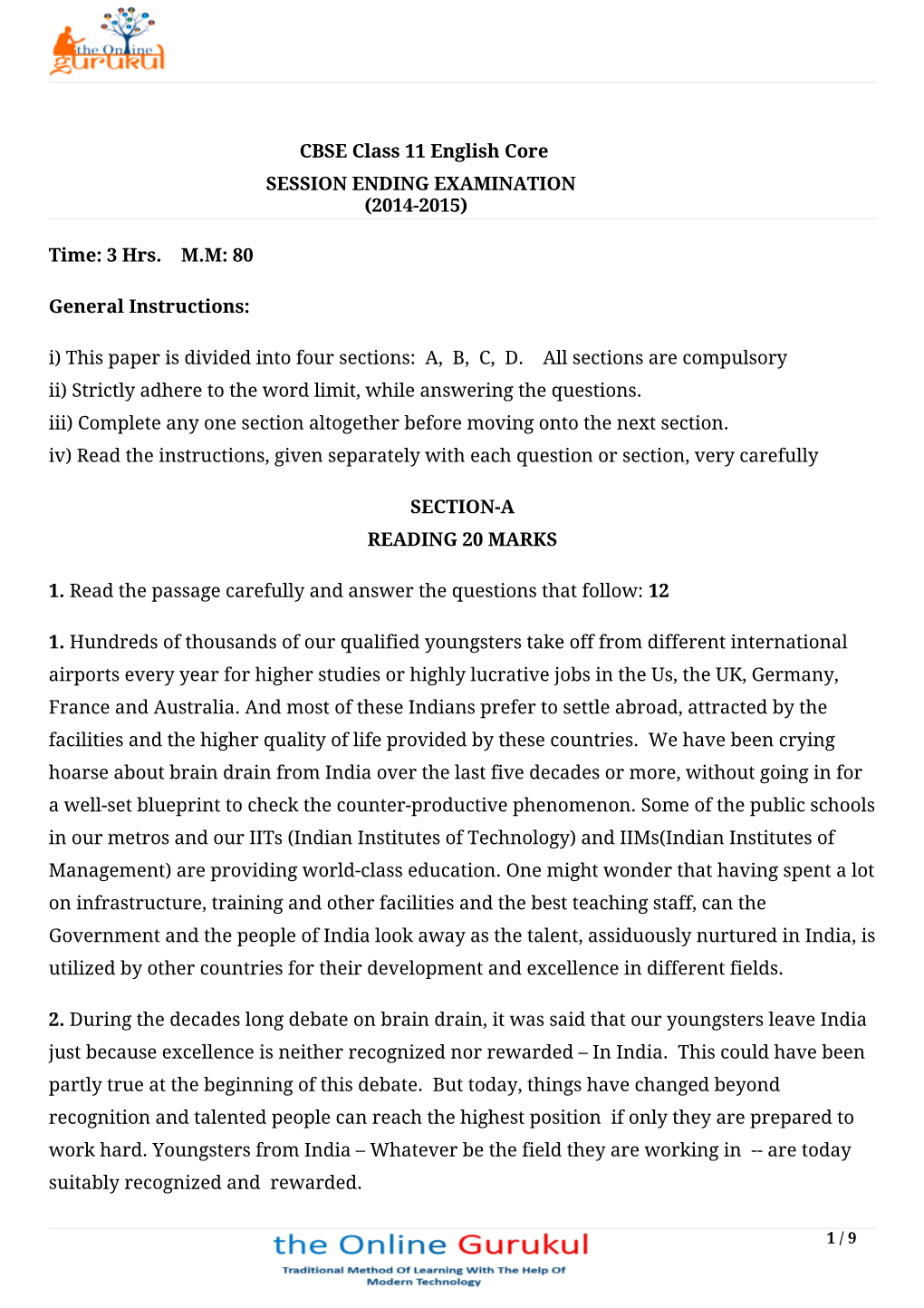 CBSE Class 11 English Core SESSION ENDING EXAMINATION (2014-2015)