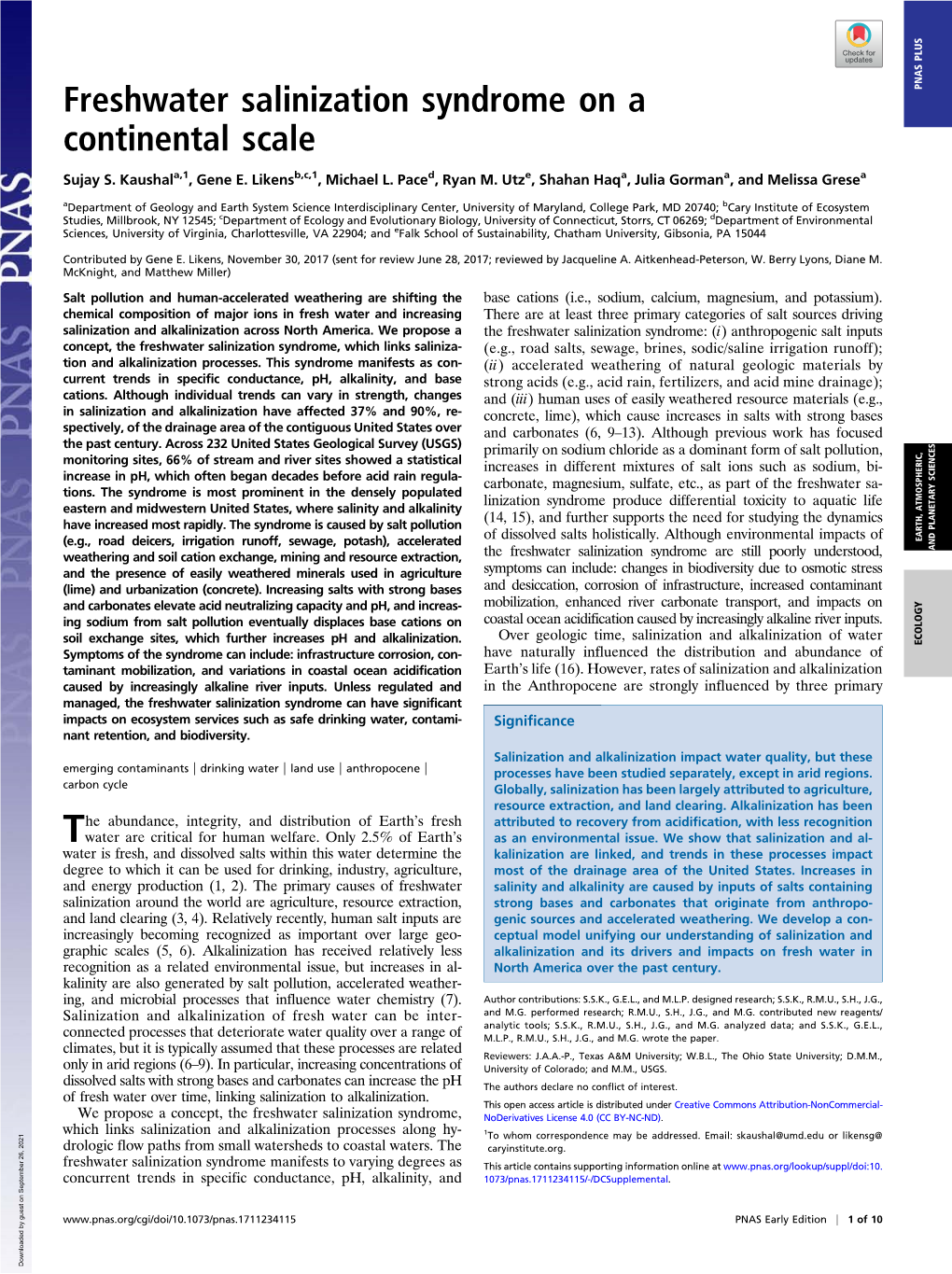 Freshwater Salinization Syndrome on a Continental Scale With