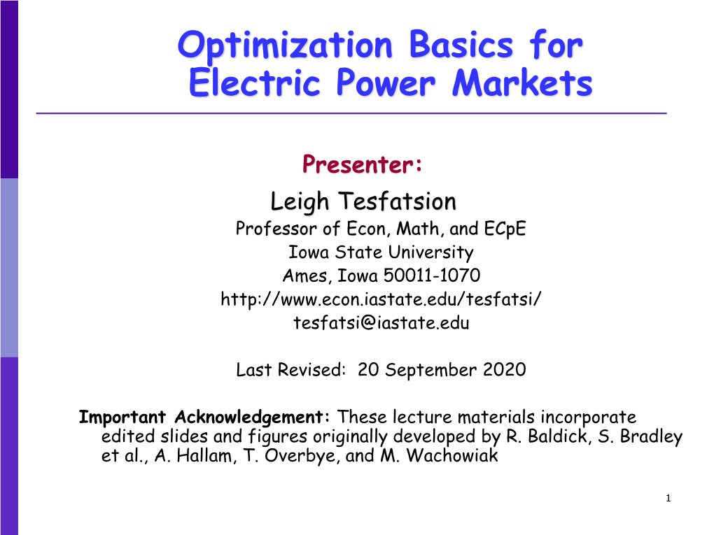 Optimization Basics for Electric Power Markets