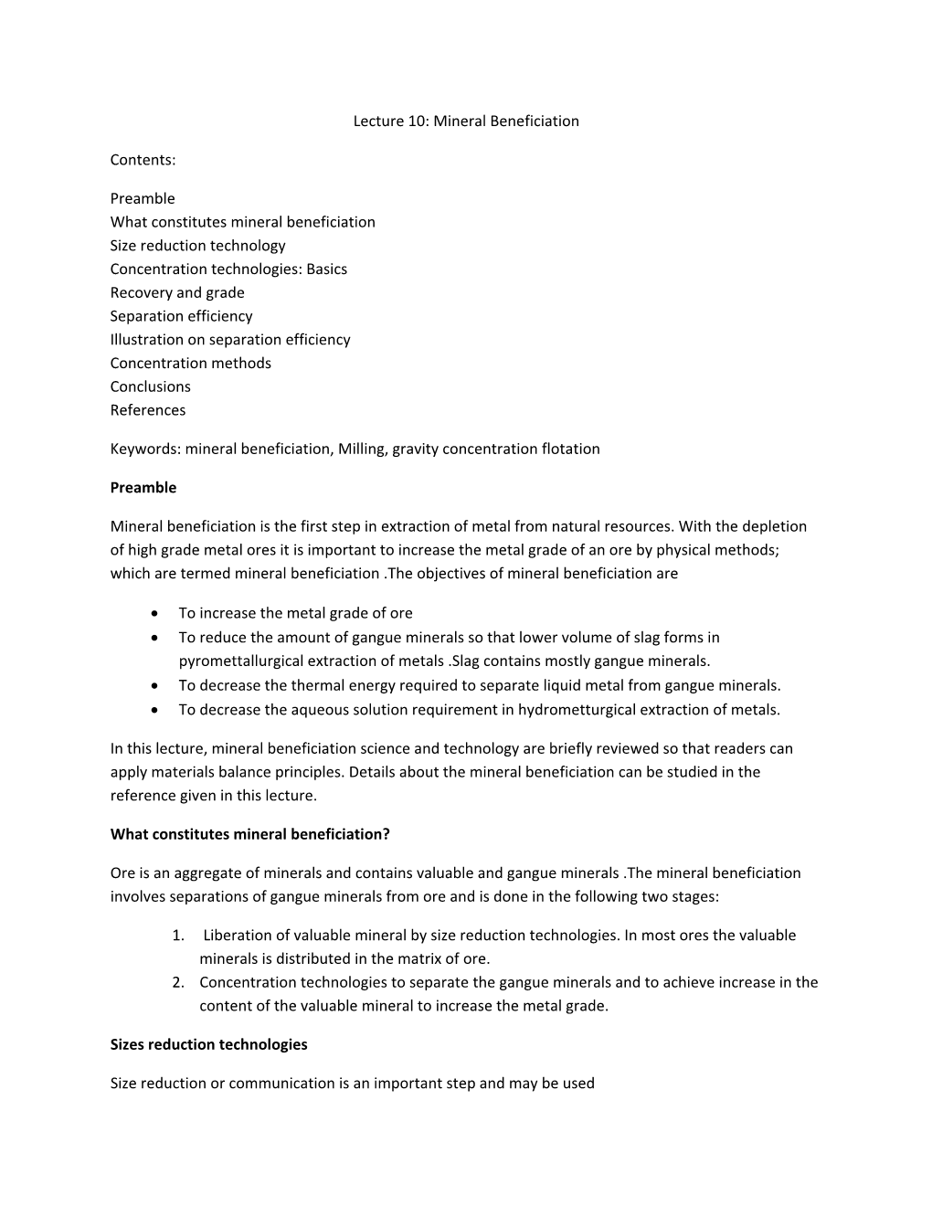 Mineral Beneficiation Contents