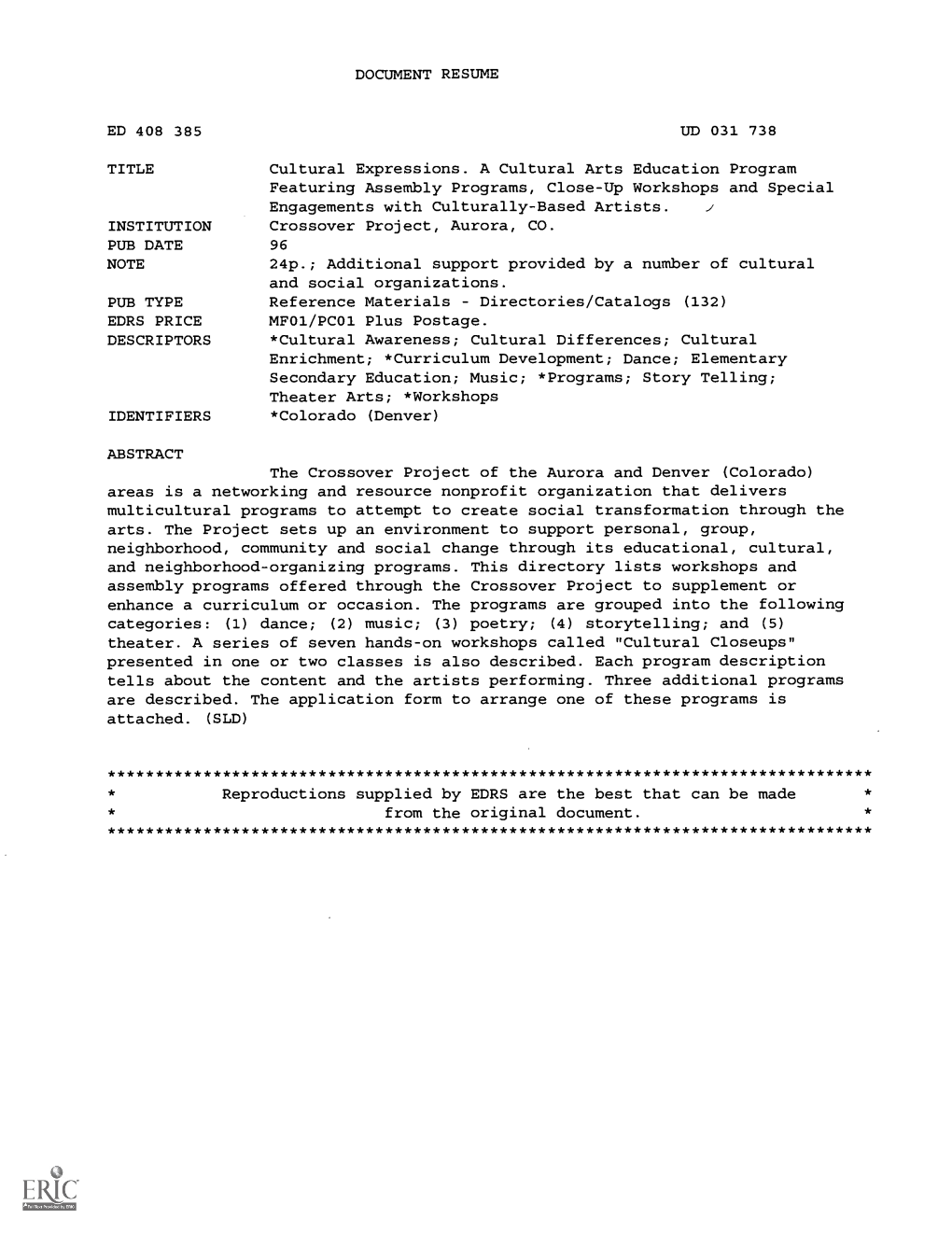 DOCUMENT RESUME UD 031 738 Cultural Expressions. a Cultural