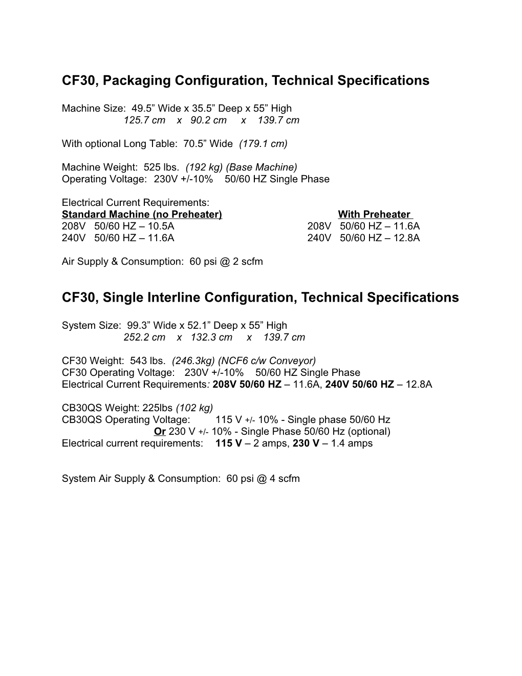 CF30, Packaging Configuration, Technical Specifications