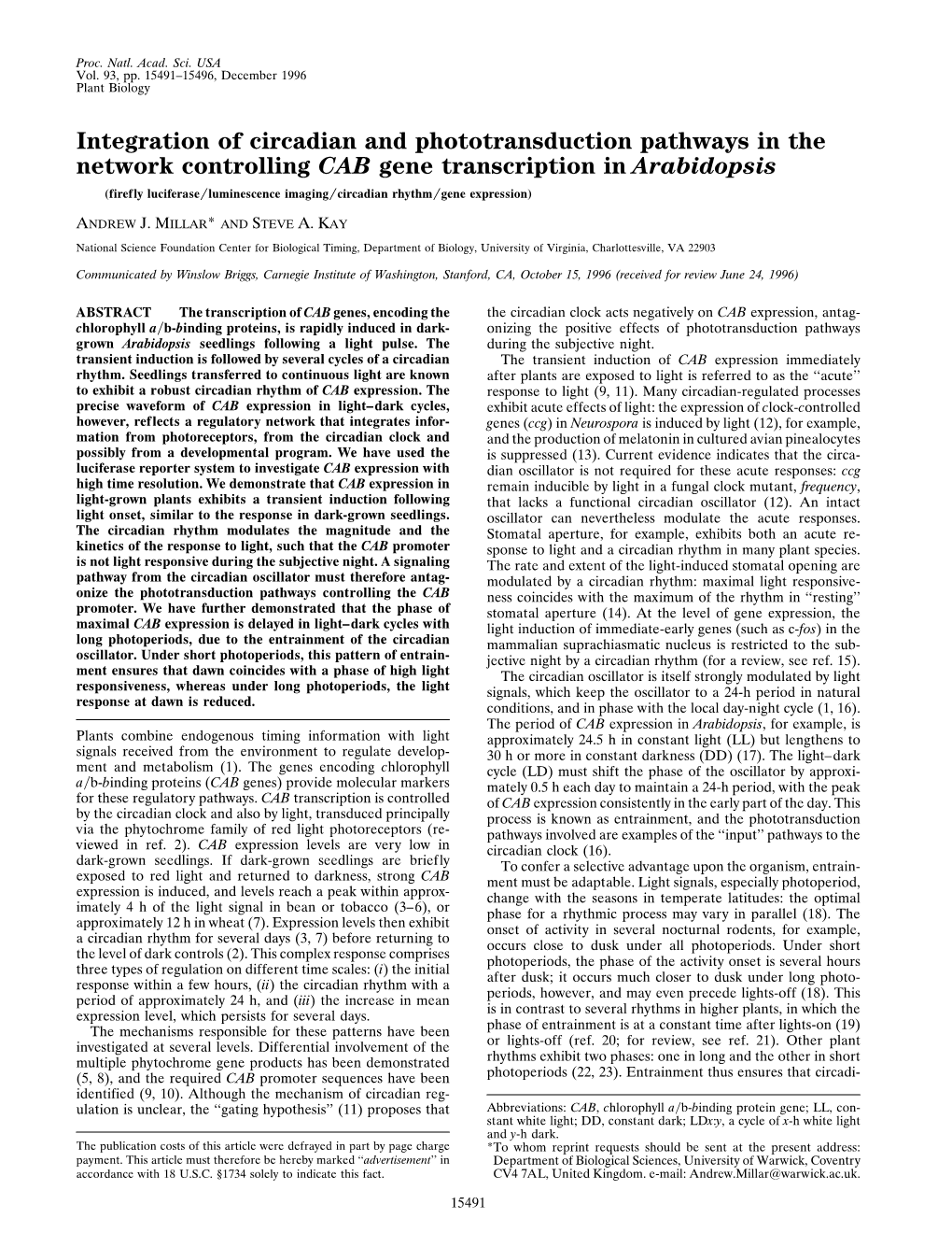 Integration of Circadian and Phototransduction Pathways in the Network Controlling CAB Gene Transcription in Arabidopsis