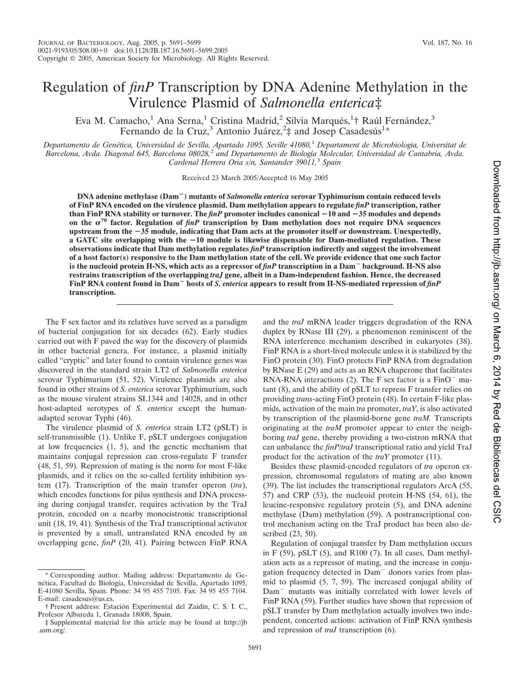 Regulation of Finp Transcription by DNA Adenine Methylation in The