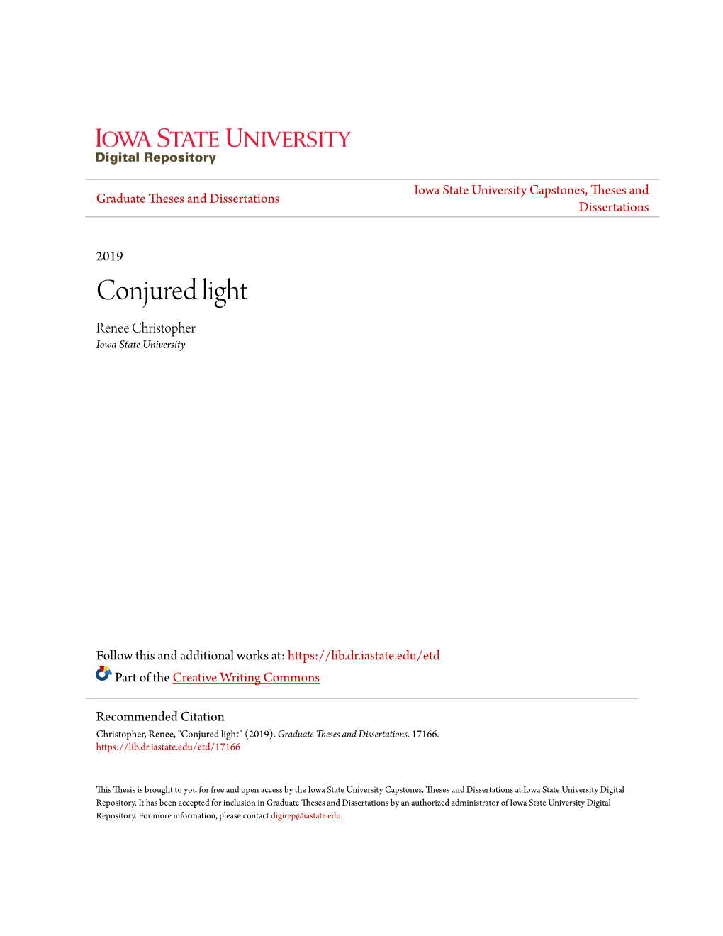 Conjured Light Renee Christopher Iowa State University