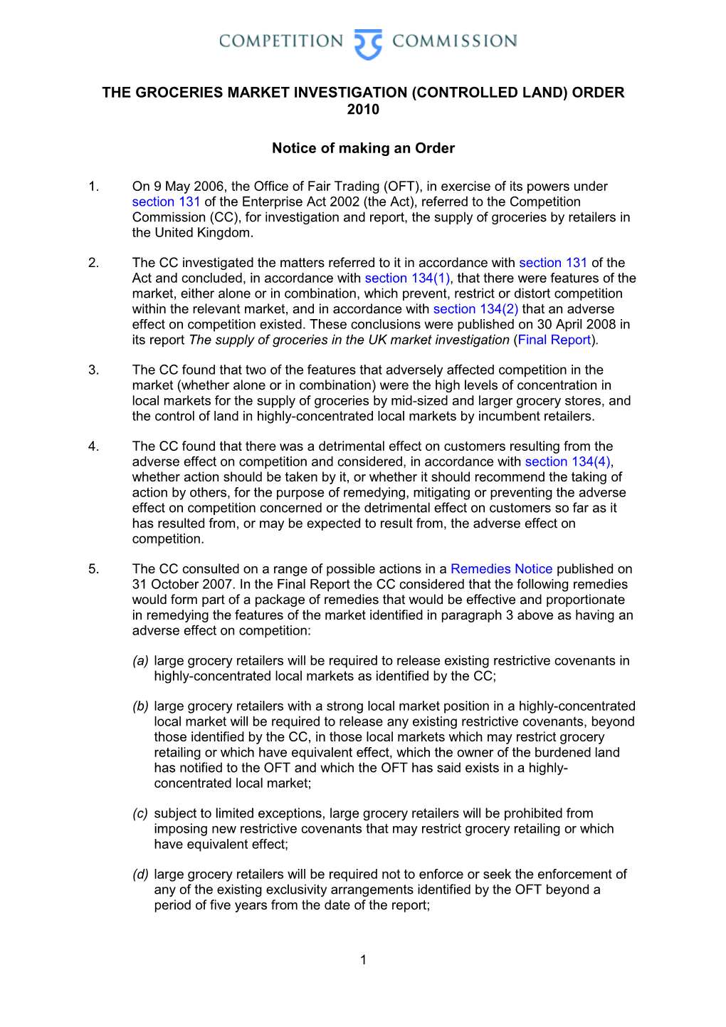 Groceries Market Investigation (Controlled Land) Order 2010