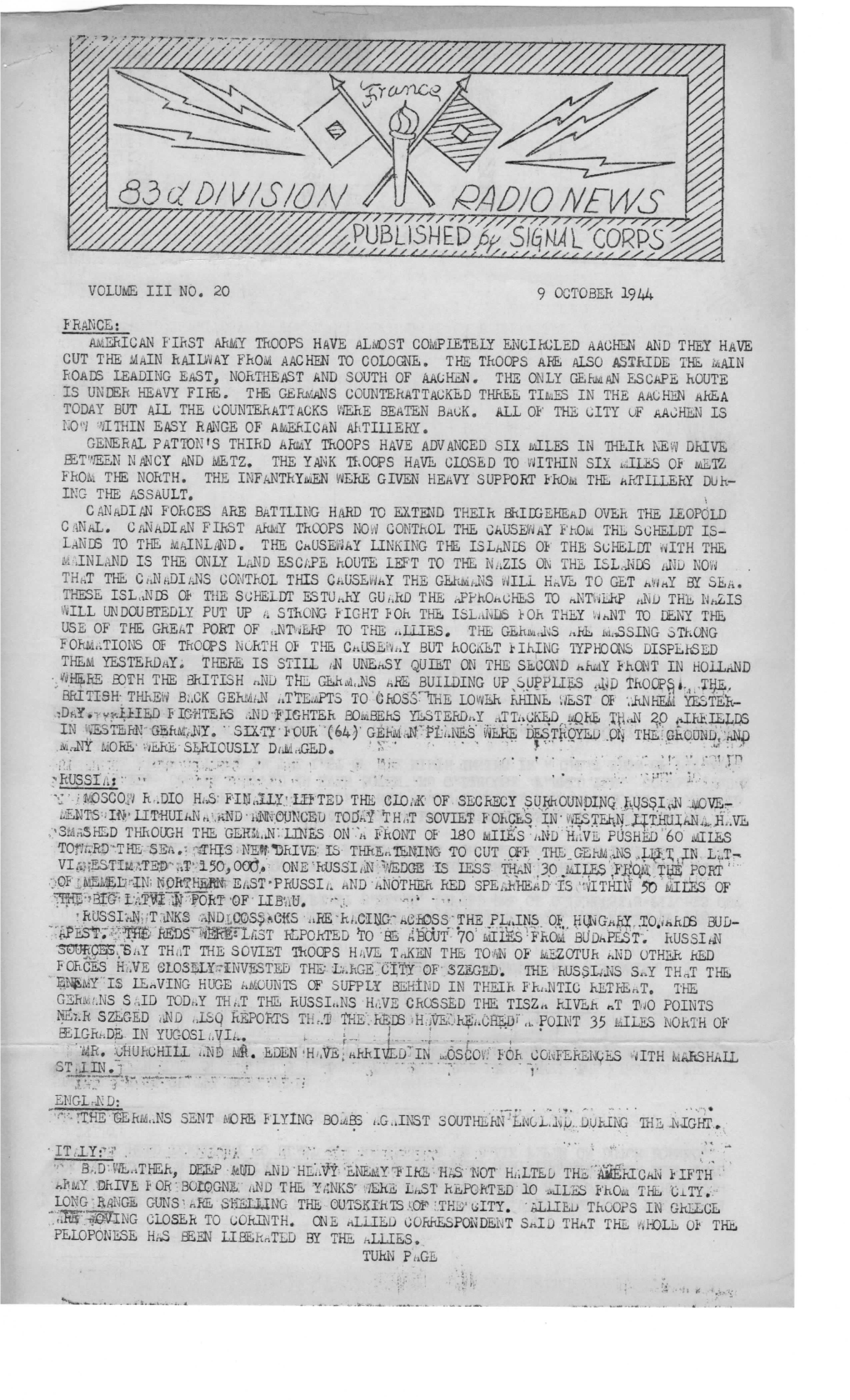 83Rd Division Radio News, France, Vol III #20, October 9, 1944