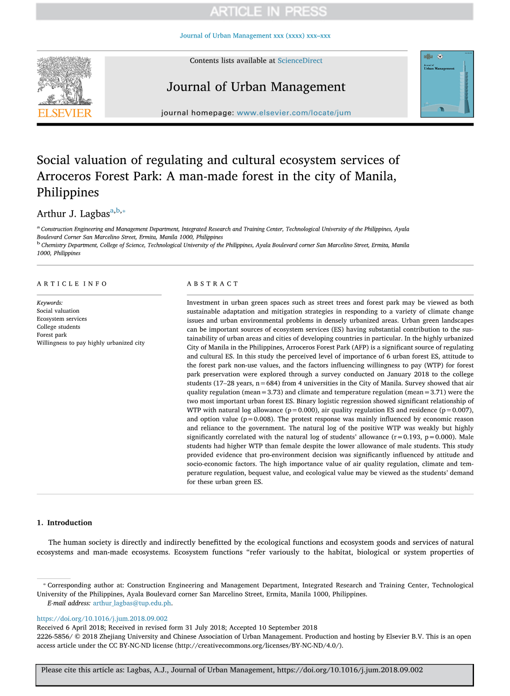 Social Valuation of Regulating and Cultural Ecosystem Services of Arroceros Forest Park a Man-Made Forest in the City of Manila