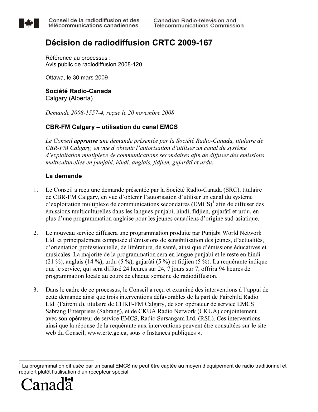 Décision De Radiodiffusion CRTC 2009-167