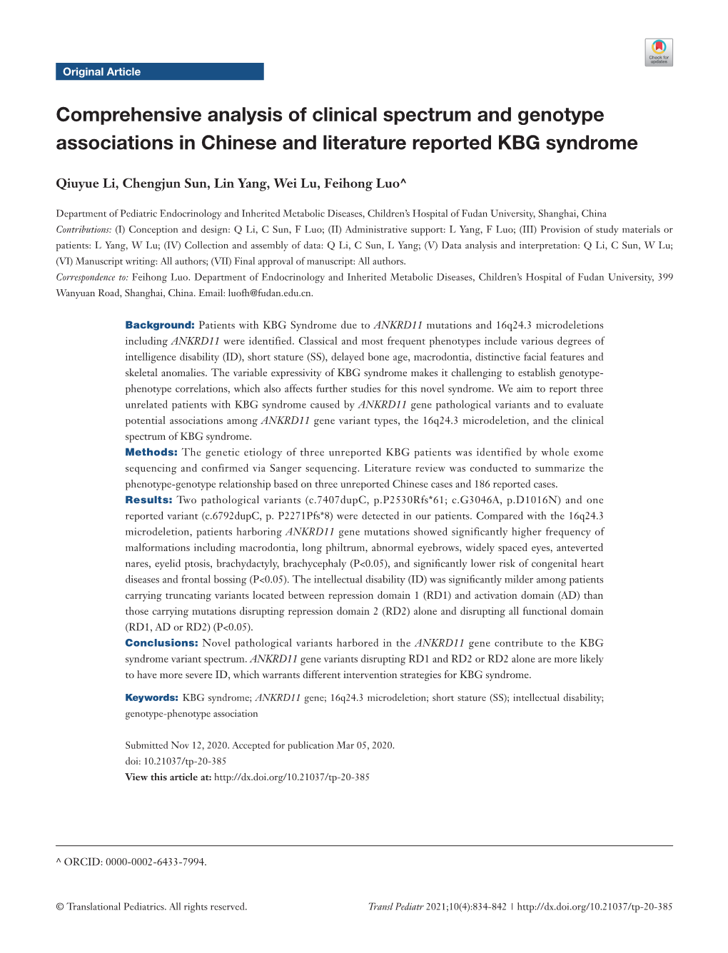 Comprehensive Analysis of Clinical Spectrum and Genotype Associations in Chinese and Literature Reported KBG Syndrome