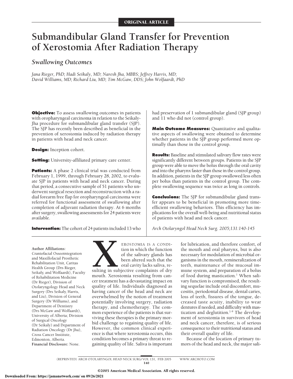 Submandibular Gland Transfer for Prevention of Xerostomia After Radiation Therapy Swallowing Outcomes