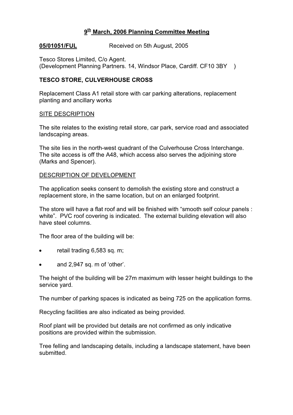 9Th March, 2006 Planning Committee Meeting 05/01051/FUL Received