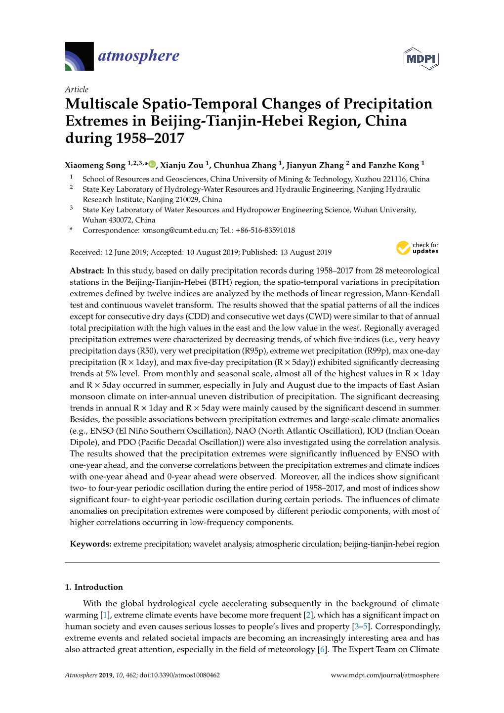 Multiscale Spatio-Temporal Changes of Precipitation Extremes in Beijing-Tianjin-Hebei Region, China During 1958–2017