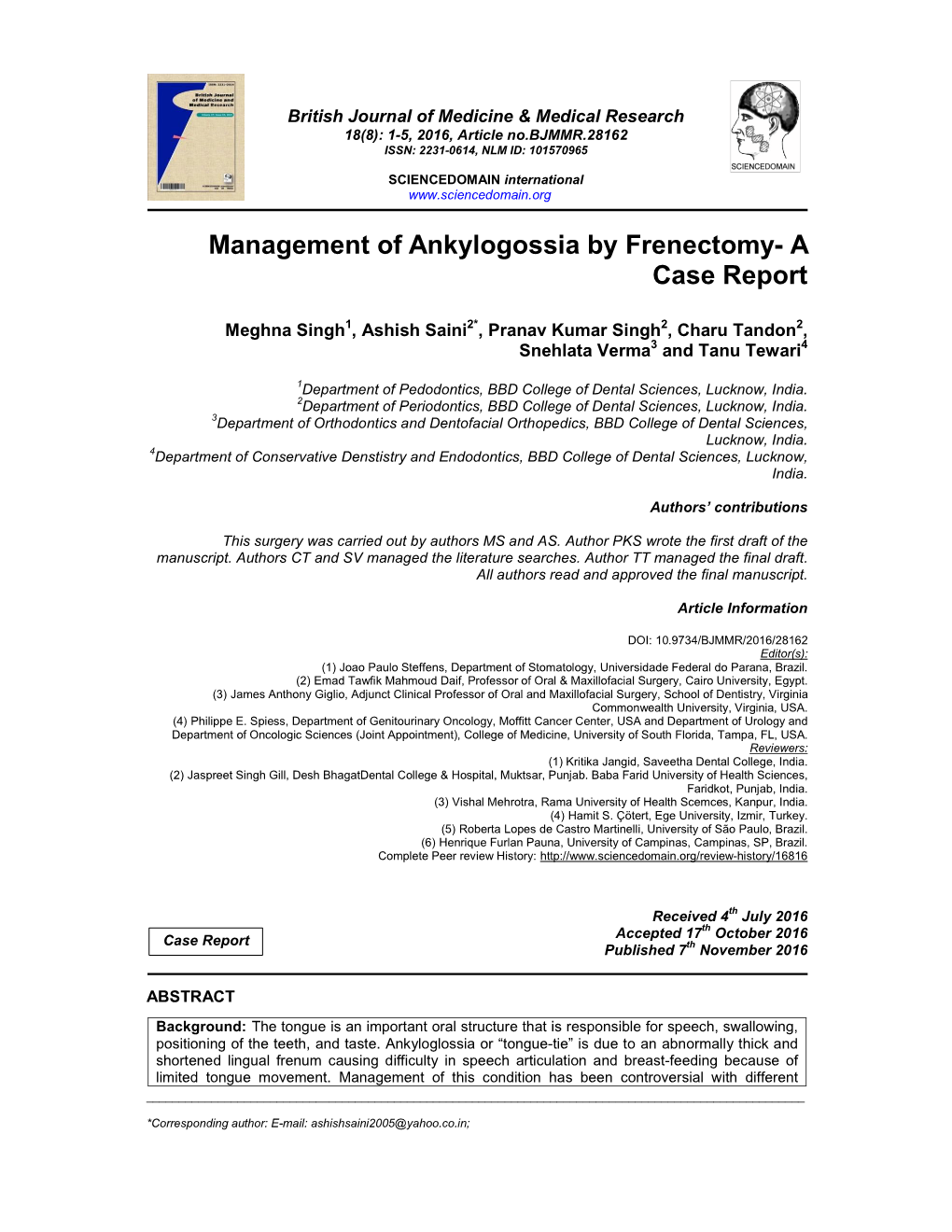 Management of Ankylogossia by Frenectomy- a Case Report