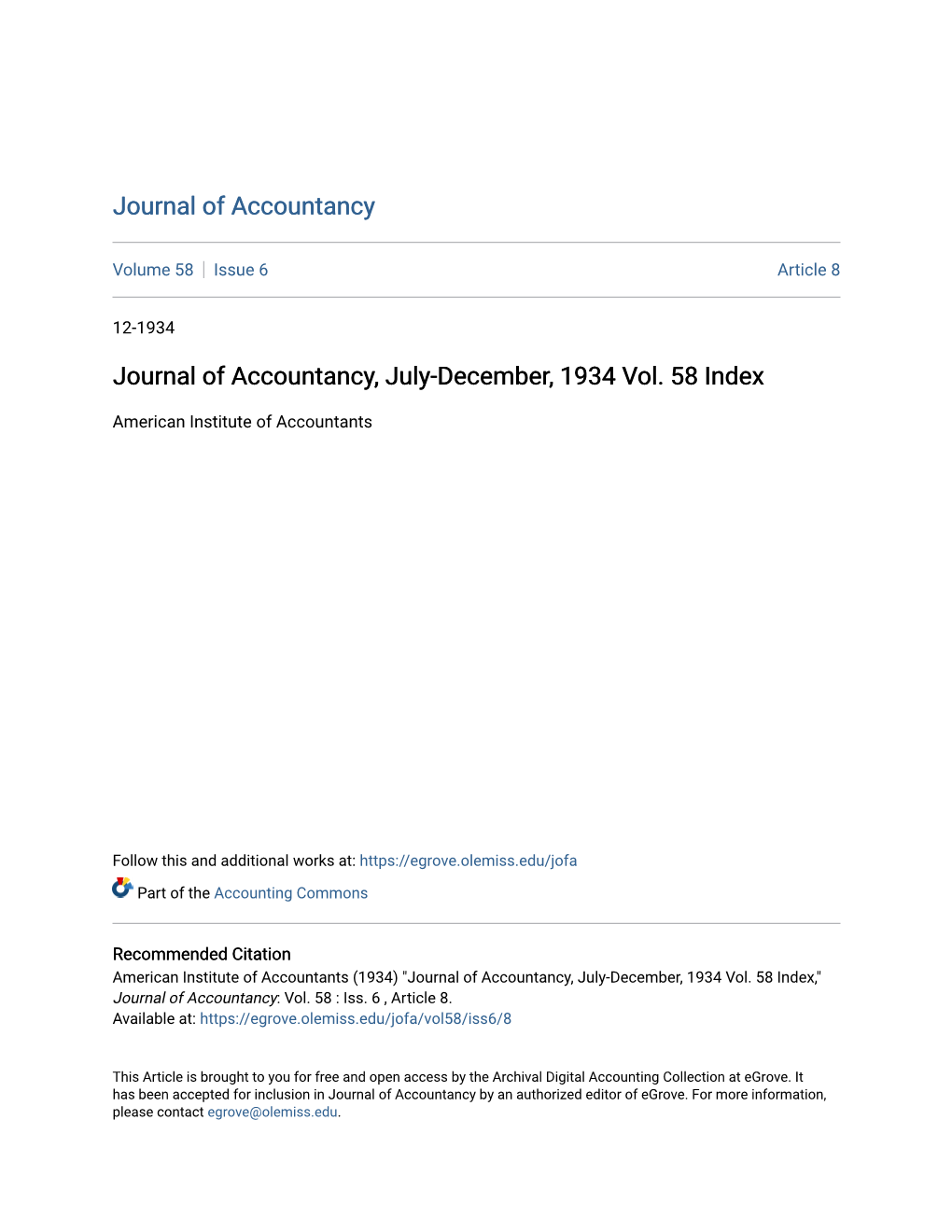 Journal of Accountancy, July-December, 1934 Vol. 58 Index
