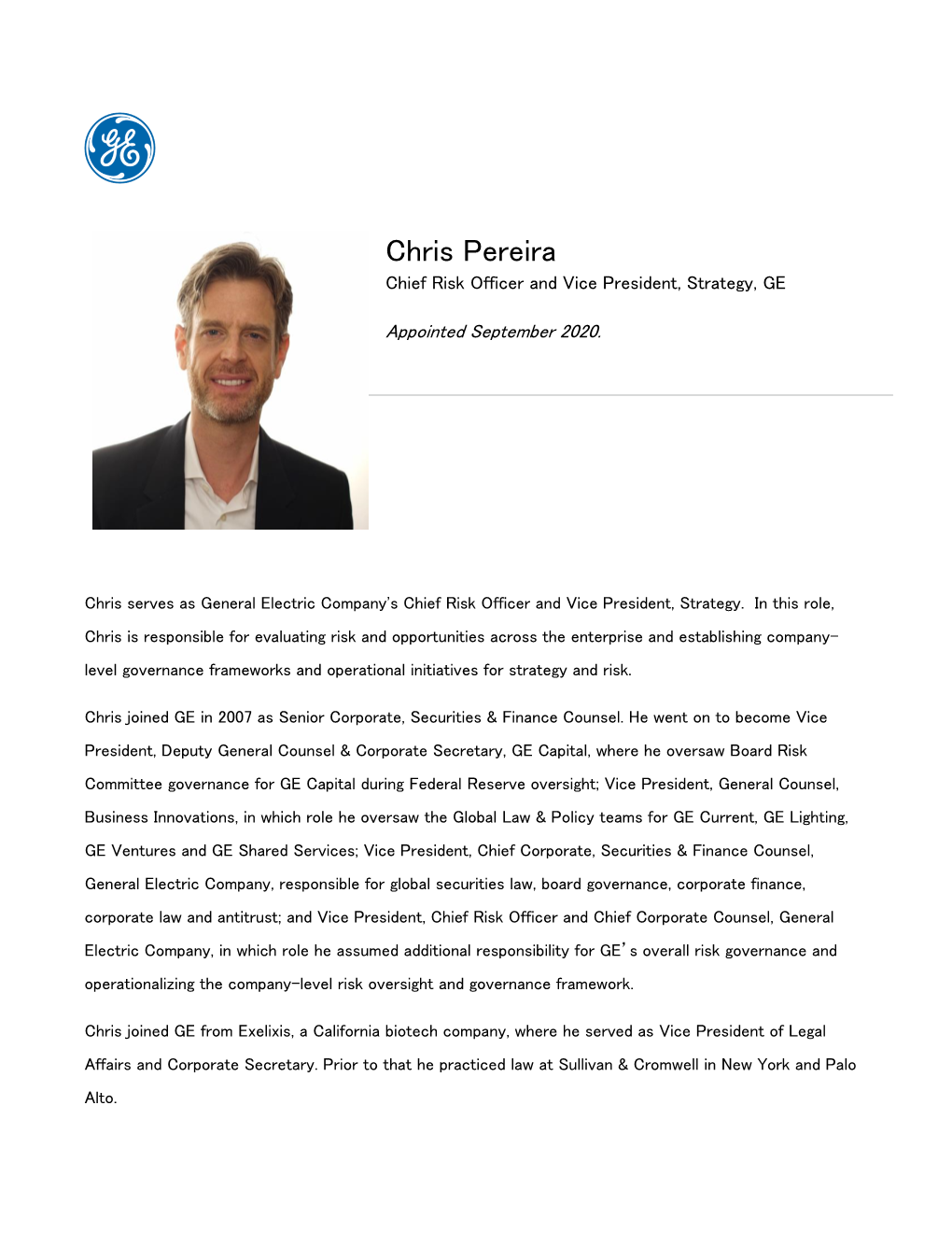 Chris Pereira Chief Risk Officer and Vice President, Strategy, GE