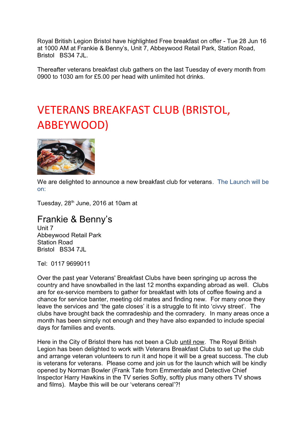 Veterans Breakfast Club (Bristol, Abbeywood)