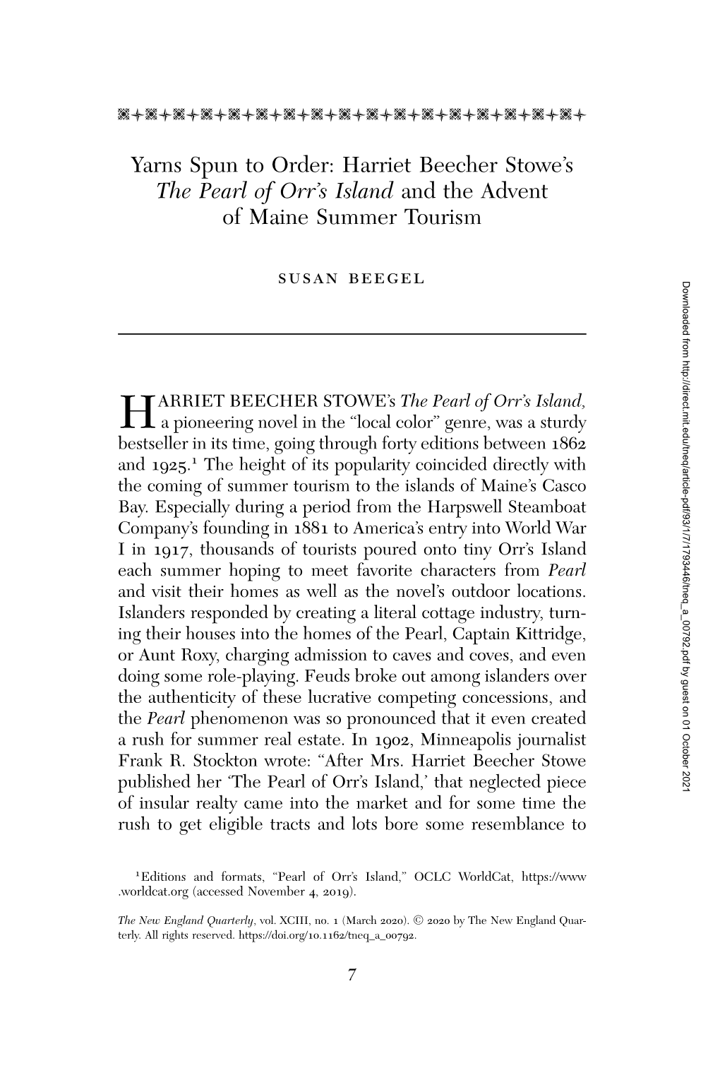 HARRIET BEECHER STOWE's the Pearl of Orr's Island