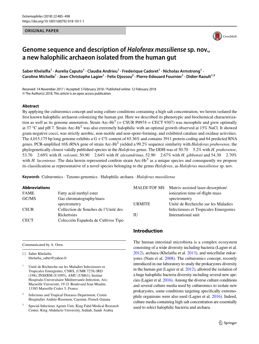 Genome Sequence and Description of Haloferax Massiliense Sp. Nov., a New Halophilic Archaeon Isolated from the Human Gut