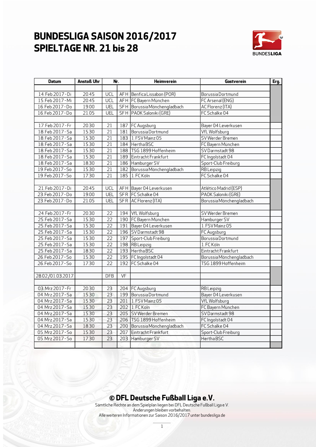 BUNDESLIGA SAISON 2016/2017 SPIELTAGE NR. 21 Bis 28