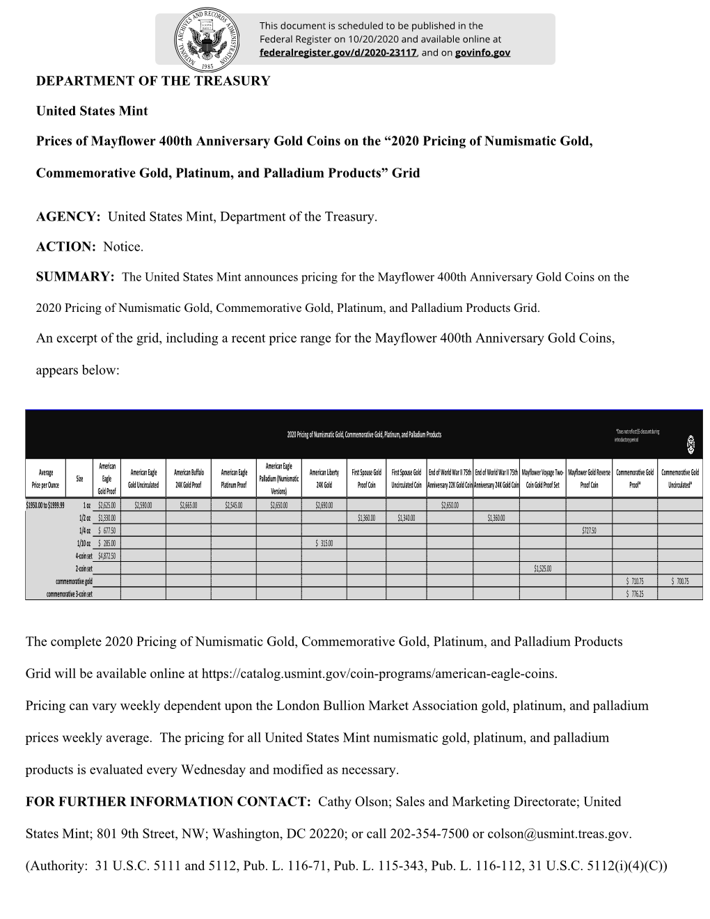 DEPARTMENT of the TREASURY United States Mint Prices Of