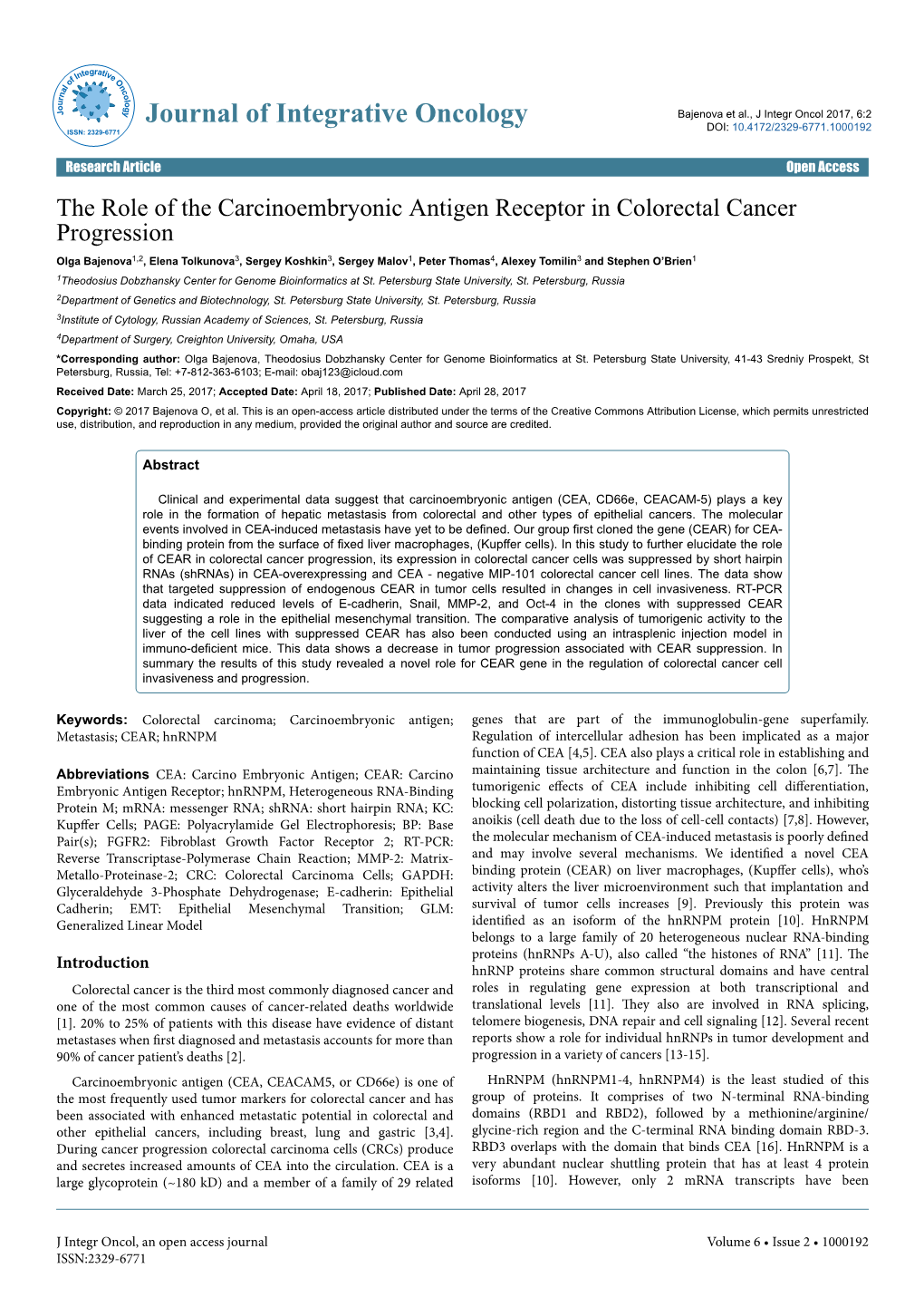 The Role of the Carcinoembryonic Antigen Receptor in Colorectal Cancer Progression