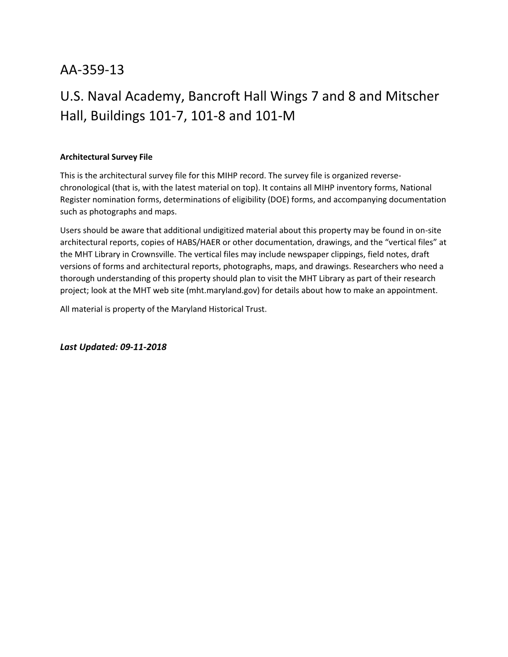 AA-359-13 U.S. Naval Academy, Bancroft Hall Wings 7 and 8 and Mitscher Hall, Buildings 101-7, 101-8 and 101-M