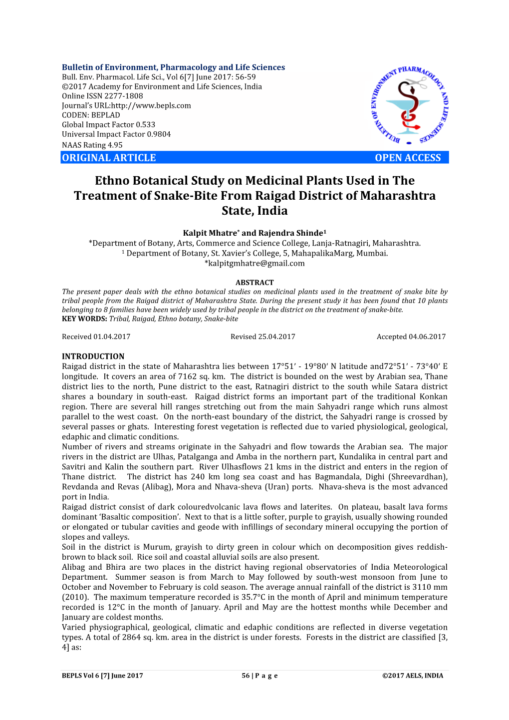 Ethno Botanical Study on Medicinal Plants Used in the Treatment of Snake-Bite from Raigad District of Maharashtra State, India