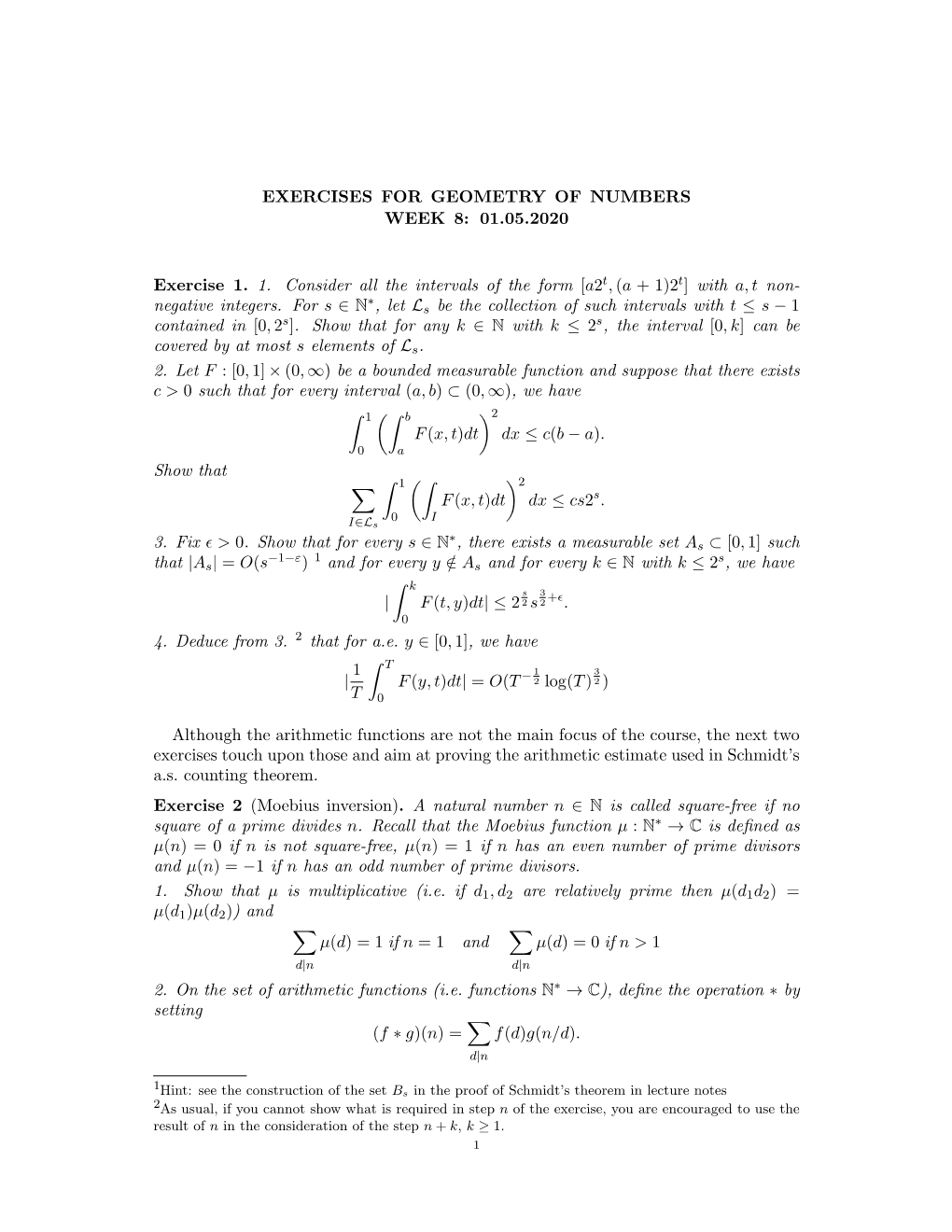 Exercises for Geometry of Numbers Week 8: 01.05.2020