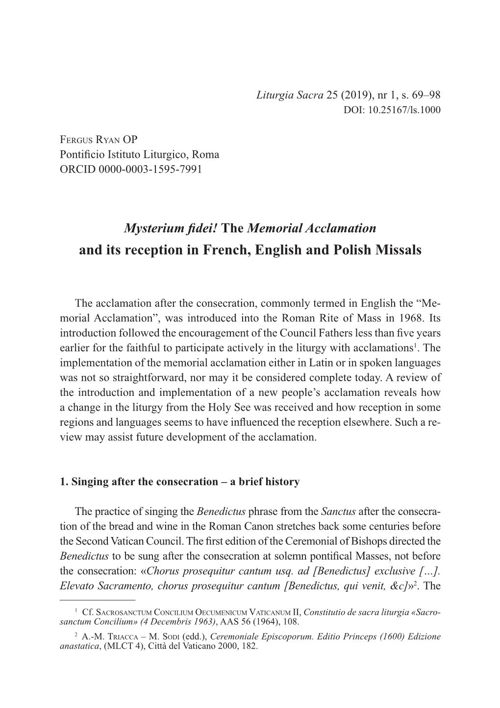 Mysterium Fidei! the Memorial Acclamation and Its Reception in French, English and Polish Missals