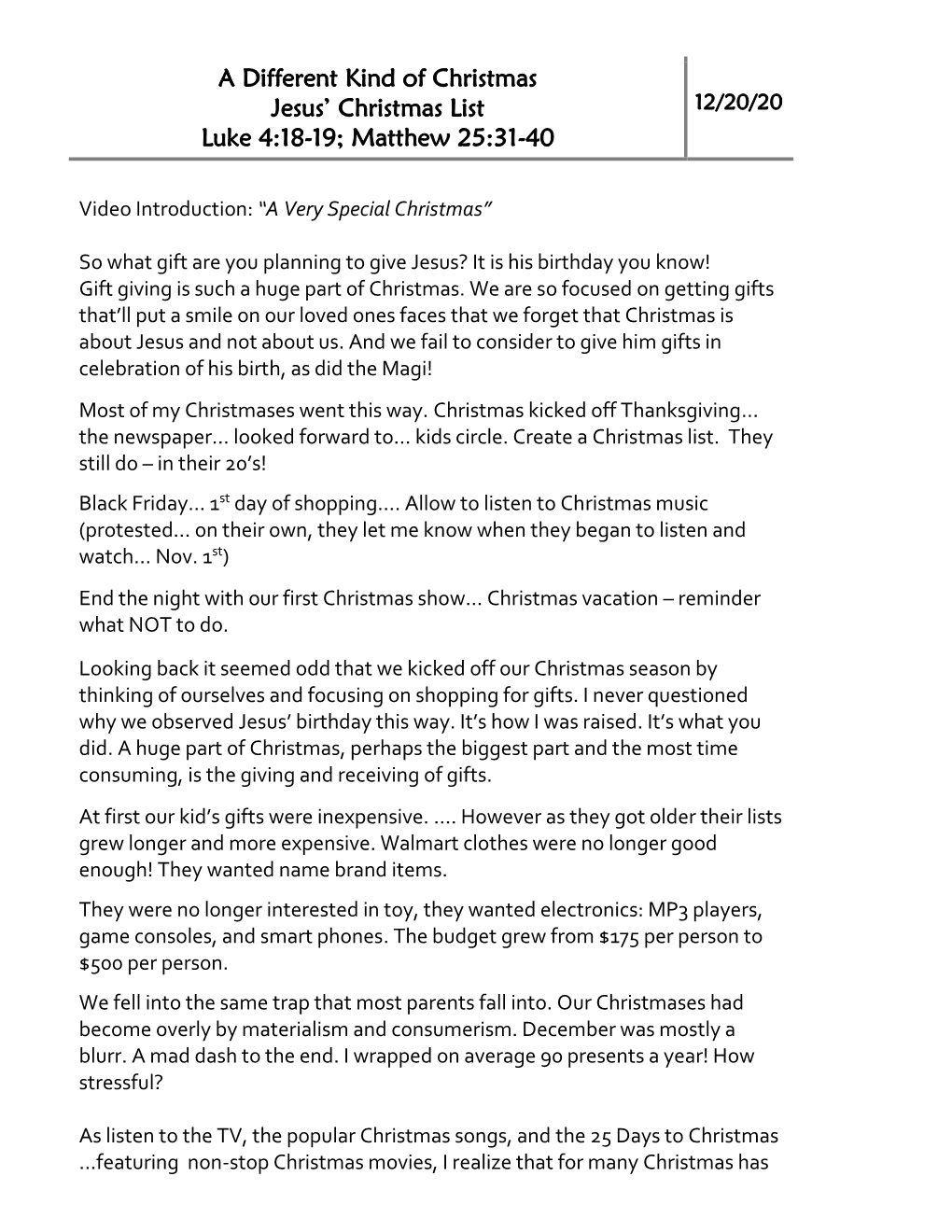 A Different Kind of Christmas Jesus' Christmas List