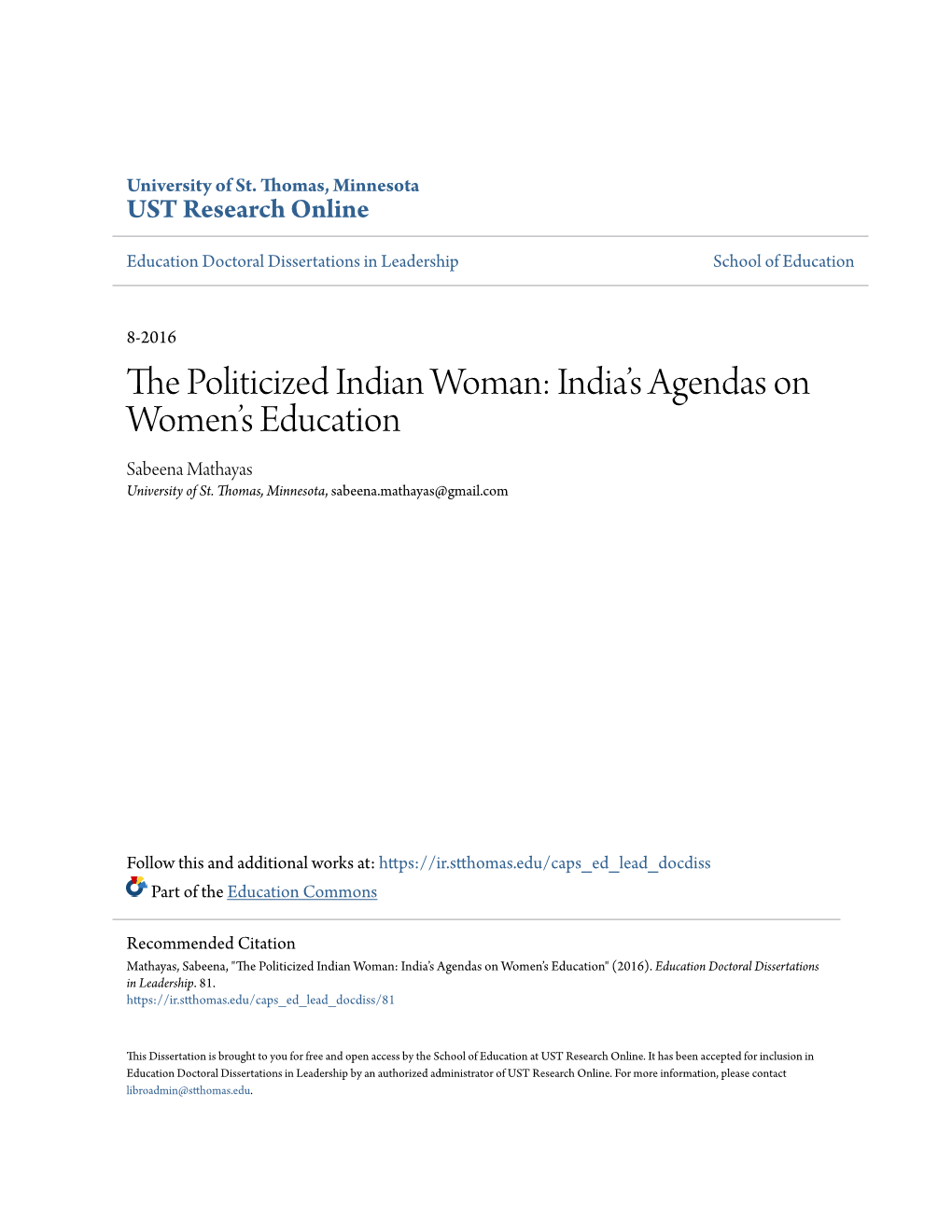 India's Agendas on Women's Education