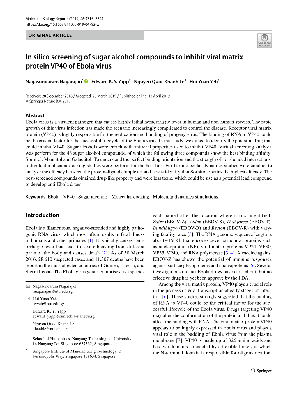 In Silico Screening of Sugar Alcohol Compounds to Inhibit Viral Matrix Protein VP40 of Ebola Virus