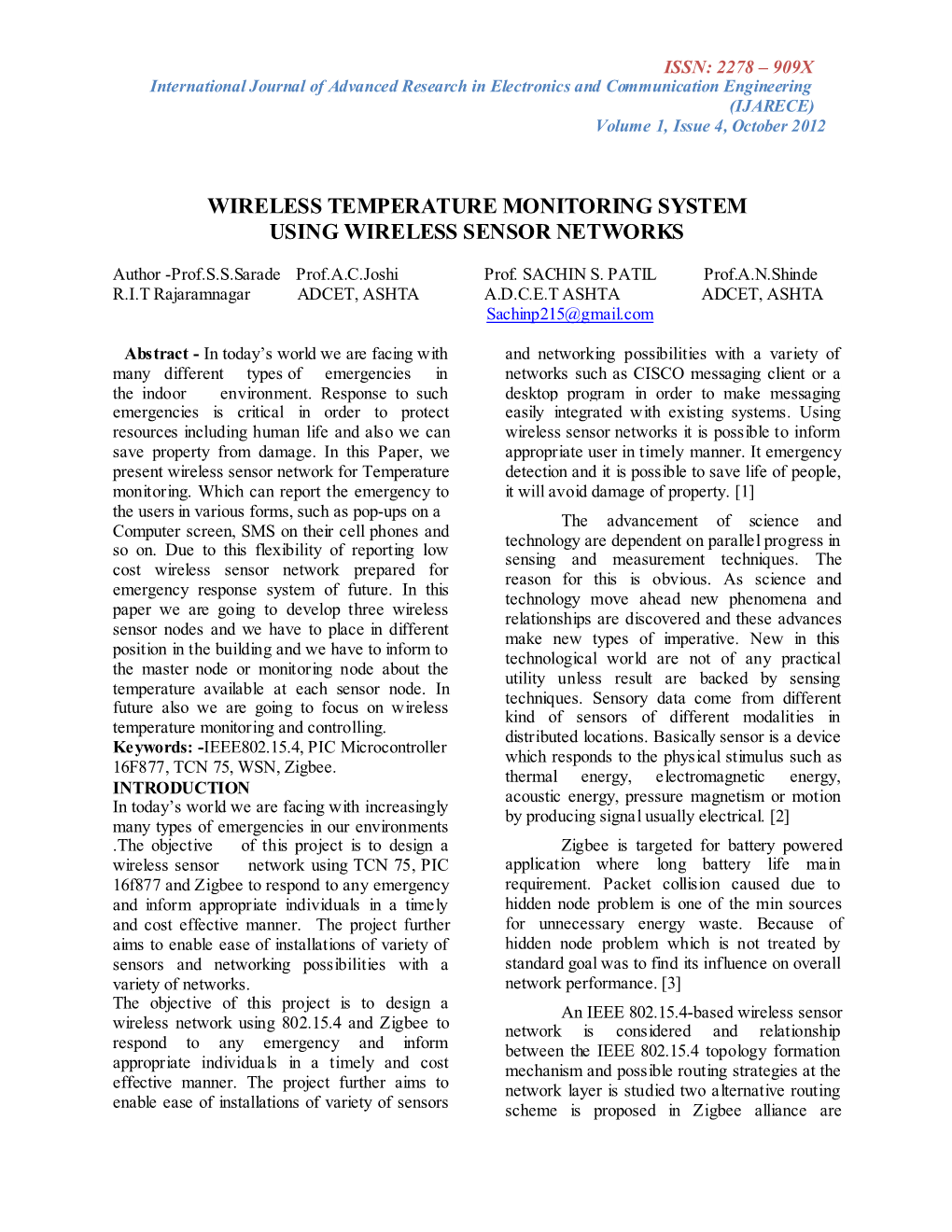 Wireless Temperature Monitoring System Using Wireless Sensor Networks