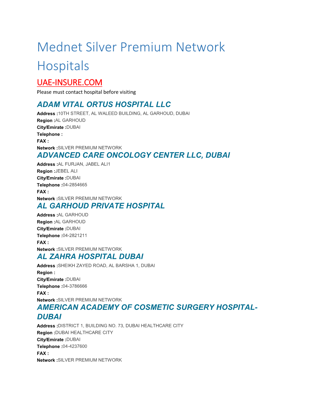 Mednet Silver Premium Network Hospitals